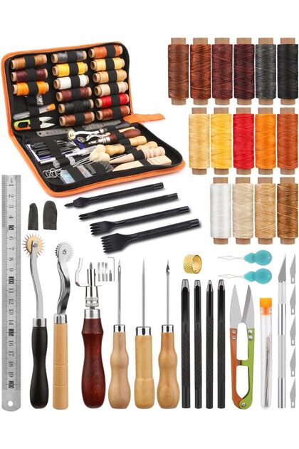 Leather Working Tool Kit - Practical Craft Set With Waxed Thread, Groover, Awl, Stitching Punch Hole for Leathercraft Beginners or Adults - Includes Tool Manual