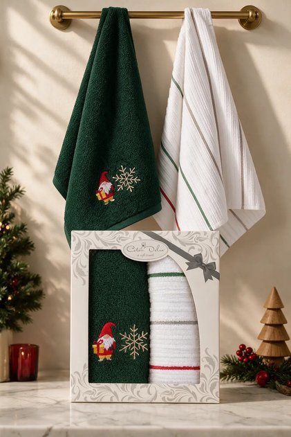 Boxed 2-Piece New Year's Embroidered Kitchen and Hand & Face Towel Set | 100% Cotton, 40x60 Dish Towel | Soft & Absorbent | New Year's Gift