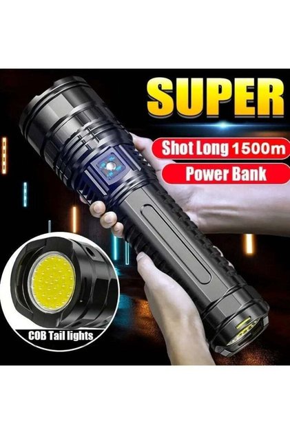 مصباح يدوي قوي يعمل بتقنية LED، قابل للشحن، ببطارية 15000 مللي أمبير، ومدى إضاءة طويل، مزود بمصباح COB، و5 أوضاع للإضاءة، وشاشة رقمية، مناسب للتخييم وحالات الطوارئ.