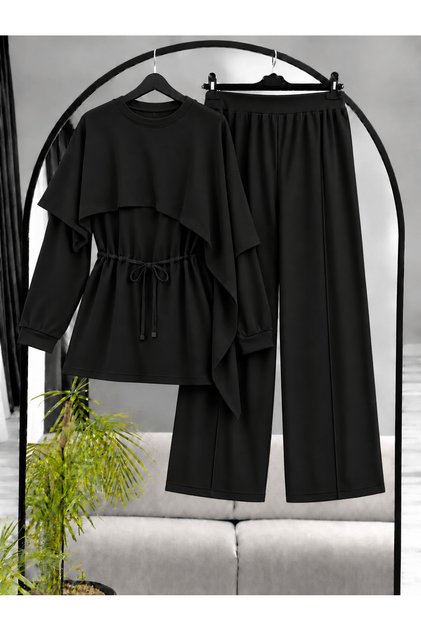 Asymmetrical Cape and Pants Suit - 3492 - Black