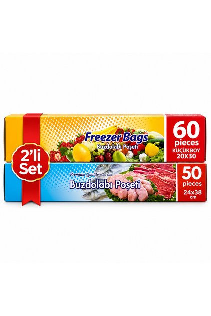 Buzdolabı Poşeti 2'li Set 110 Adet – 60 Küçük Boy 20x30 cm + 50 Orta Boy 24x38 cm, Buzluk Dondurucu Gıda Saklama Poşeti