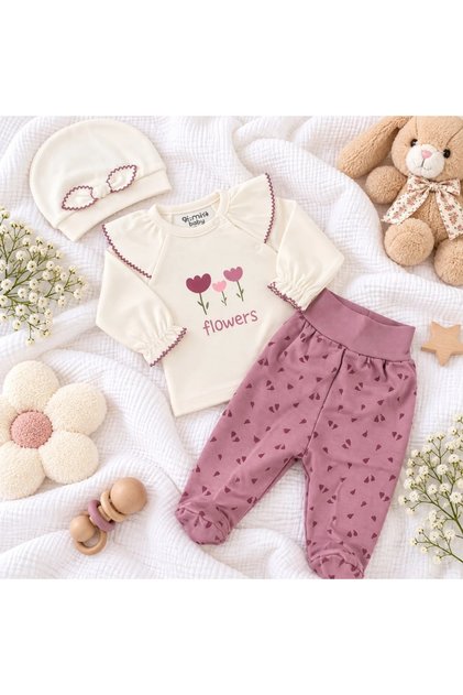 3-Piece Baby Set with Bonnet, Featuring a Flower Print