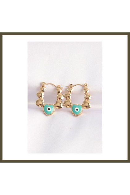 316L Stainless Steel Gold-Colored Blue Evil Eye Heart-Shaped Earrings BX