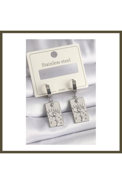 316L Steel, Silver-Colored, Zircon-Set, Eye-Motif, Intricate-Design Plate-Style Women's Earrings BX