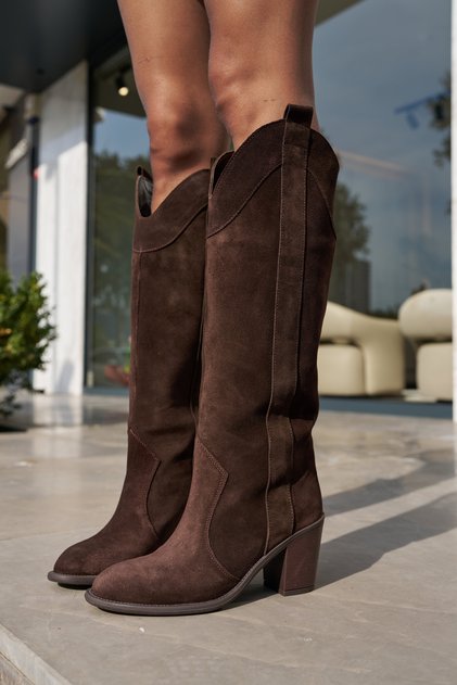VINA WOMEN'S COFFEE-COLORED SUEDE LONG BOOTS WITH THICK HEELS