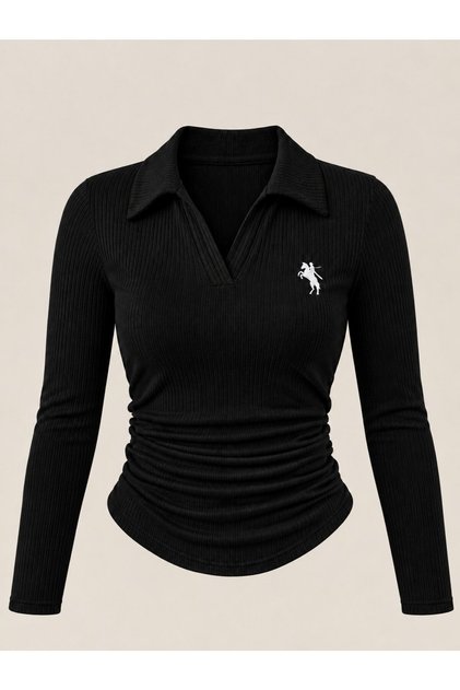 Polo Collar Ribbed Premium Long Sleeve Blouse