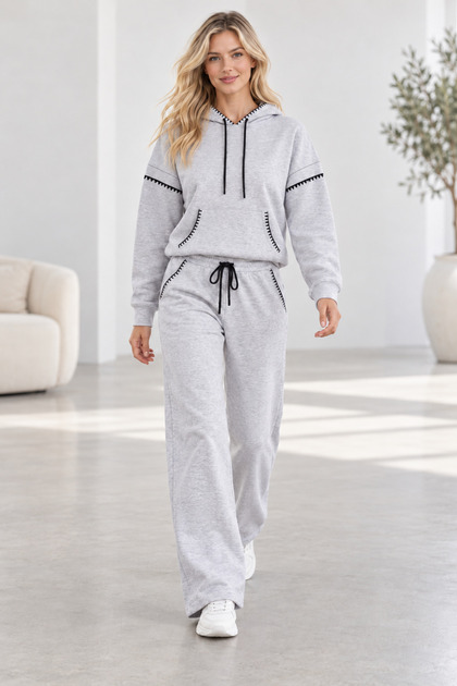 Women's Rose-Stitched Hooded Wide-Leg Stitch-Free 3-Ply Sweatsuit Set