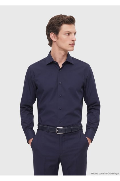 Navy Blue Plain Regular Fit Long Woven Classic Cotton Blend Shirt