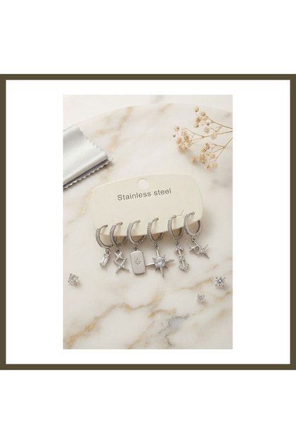 316L Stainless Steel Silver-Colored North Star-Detailed Women's Earring Set BX