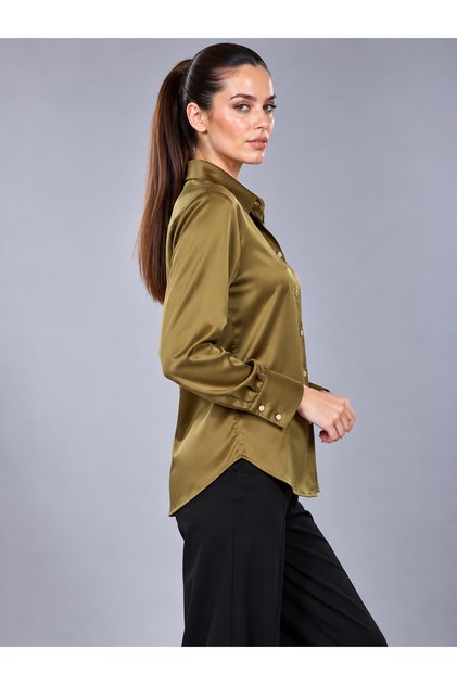 ALFATEKS Women's Satin Shirt, Long-Sleeved, Drapey, Relaxed Fit, Classic Collar, Button-Down