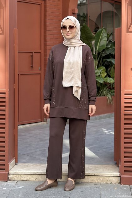 Stone Embellished Modal Pants Suit 120530 Brown