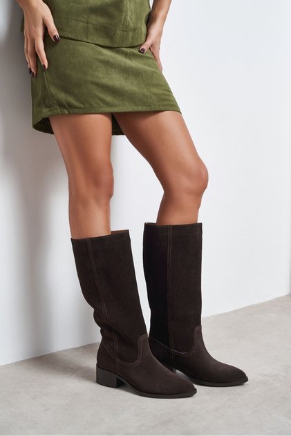 Tiny Bitter Coffee Suede Pointed-Toe Block Heel Women's Riding Boots