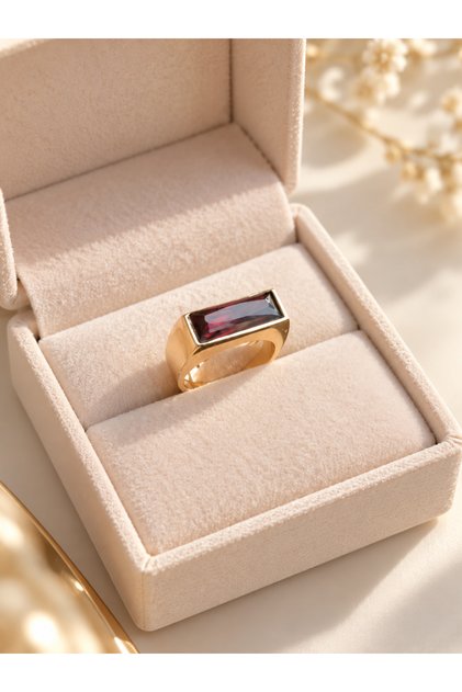 Women's Ring with Burgundy Stone, Rectangular Cut, Gold-Colored, Chunky Design