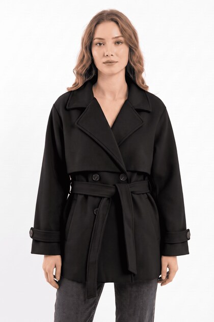 Women's Black Double-Breasted, Double-Buttoned, Stylish Short Cashmere Melton Coat