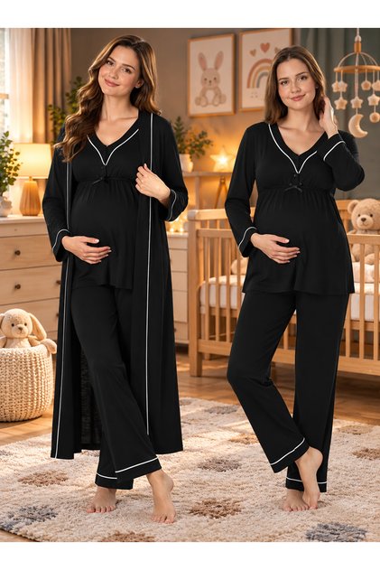 Adjustable Pajama Set for Pregnant Women and New Mothers, with a Robe Included.