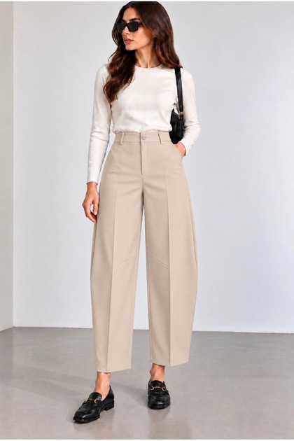 Women's Pants Barrel Pants Cloutte Pants High Stylish Boyfriend Wide Leg Cream Fabric Pants