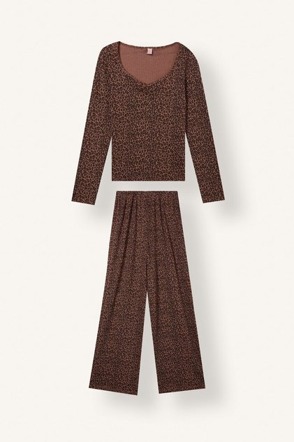 Regular Fit Leopard Print Long Sleeve Pajama Set I8786Ax26Au