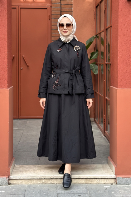 Women's Cotton Set with Embroidered Top and Beaded Details, Bell-Skirted, 19657, Black.