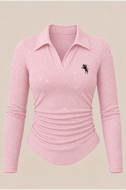 Polo Collar Blouse with Silver Embroidery and Ruffled Details