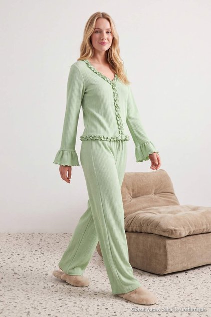 Light Green 100% Cotton Ruffled Ribbed/Pointelle Knit Pajama Set Thmaw27Pt00038