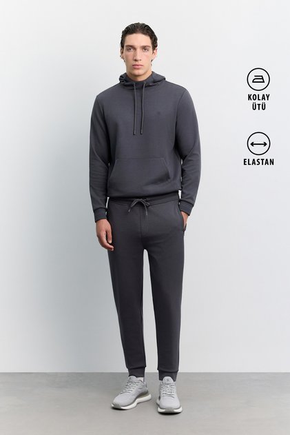 Men's Anthracite Elastic Waist Lace-Up Easy-Iron Regular Fit Sweatpants B003404