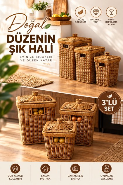 3-Piece Square Rattan Conical Multi-Purpose Potato-Onion Basket with Lid
