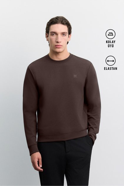 Erkek Kahve Bisiklet Yaka Kolay Ütülenen İnterlok Regular Fit Sweatshirt A62Y1299