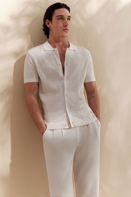 Men's Ecru Polo Collar Front Buttoned Soft Touch Regular Fit Knitwear T-Shirt A61Y5037