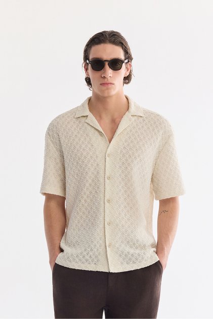 Men's Ecru Apaj Collar Breathable Soft Touch Short Sleeve Comfort Fit Shirt A61Y2025