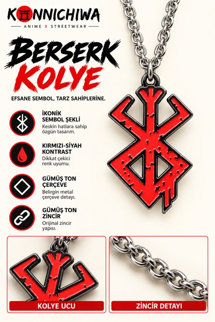 Berserk Guts Brand of Sacrifice Necklace - Red Black Red Silver Anime Symbol Pendant