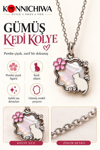 Cat Figured Necklace with Flower Detail – Available in Gold and Silver Color Options