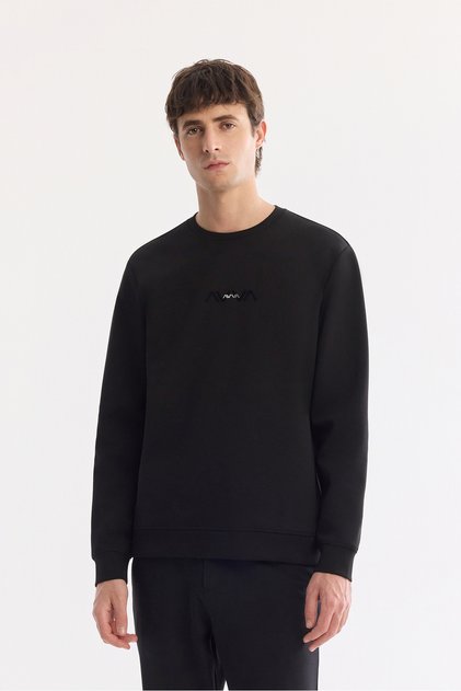 Men's Black Crew Neck Cotton Easy-Iron Bi-Stretch Regular Fit Sweatshirt A61Y1205