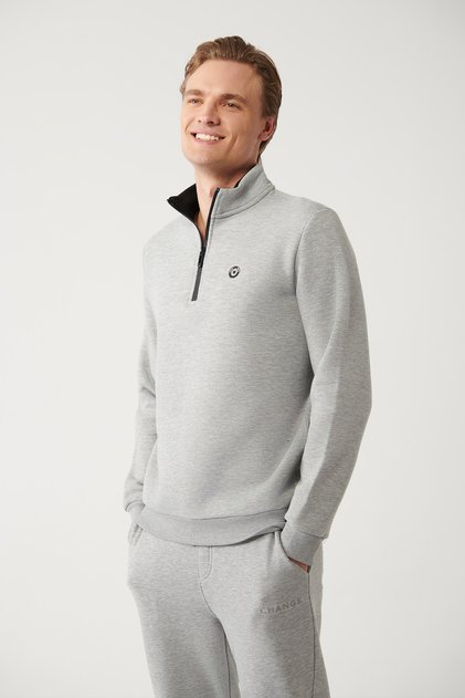 Men's Gray Stand Collar Zippered Raised 3 Thread Sweatshirt E 001020