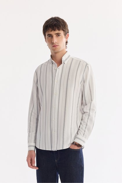 Men's Gray Bottomed Collar Striped Textured Elastane Regular Fit Shirt A61Y2094