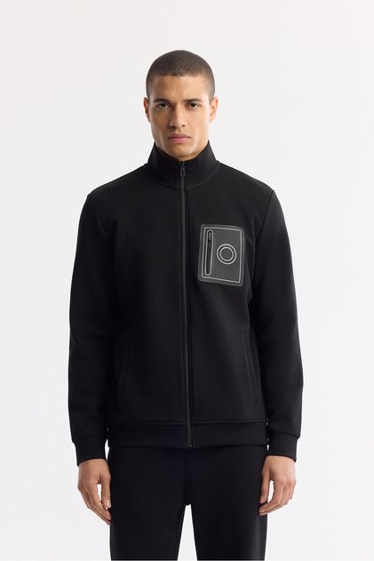 Men's Black Stand Collar Zippered Bi-Stretch Interlock Regular Fit Sweatshirt A51Y1219