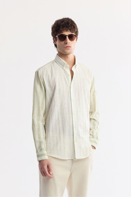 Men's Green Button down Collar Striped Linen Blend Comfort Fit Shirt A51Y2035