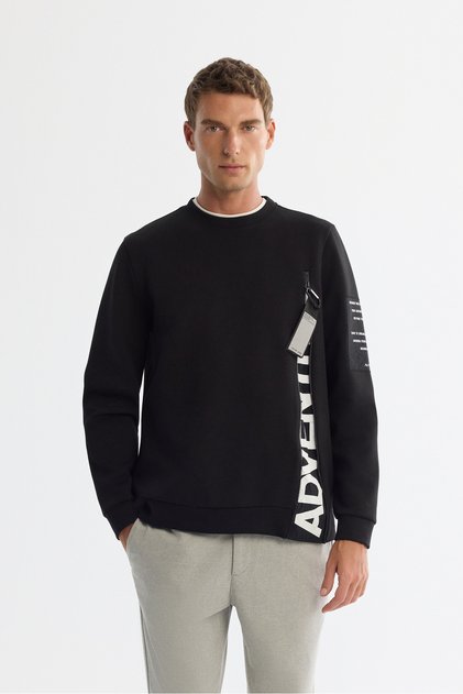 Men's Black Crew Neck Cotton Printed Elastane Regular Fit Sweatshirt A42Y1246