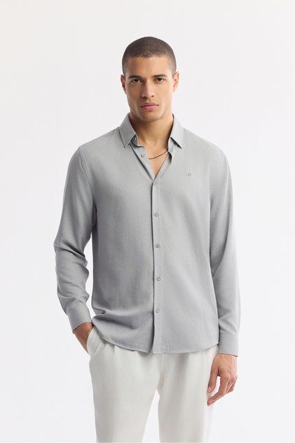 Men's Gray Buttoned Collar Viscose Blended Easy-Iron Regular Fit Shirt A51Y2043