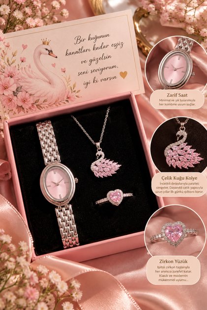 pembe kuğu kolye,pembe kalp yüzüklü çelik pembe saatli vıp saat seti