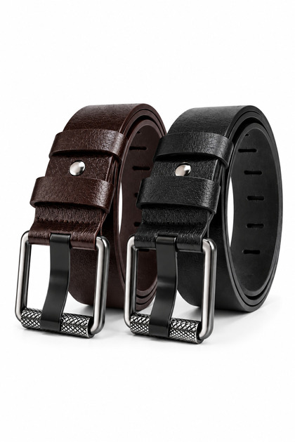 2-Pack Men's 100% Genuine Leather Black and Brown 4.5 cm Jeans Belt Black-Brown