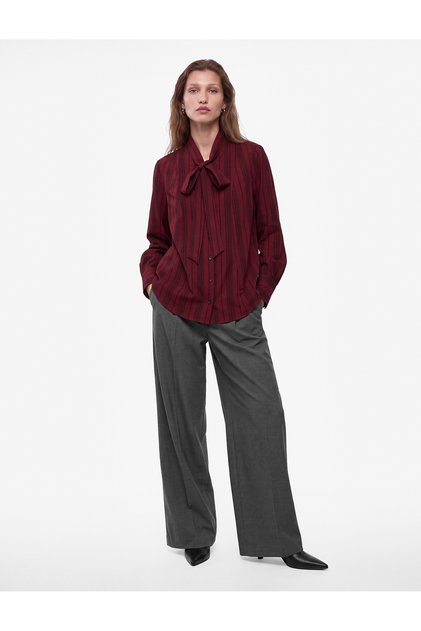 Long Sleeve Scarf Collar Striped Shirt Viscose
