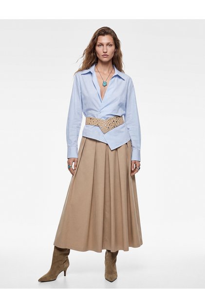 X Selected by Melis Ağazat - Slim Fit Pamuklu Kruvaze Uzun Kollu Çizgili Poplin Gömlek