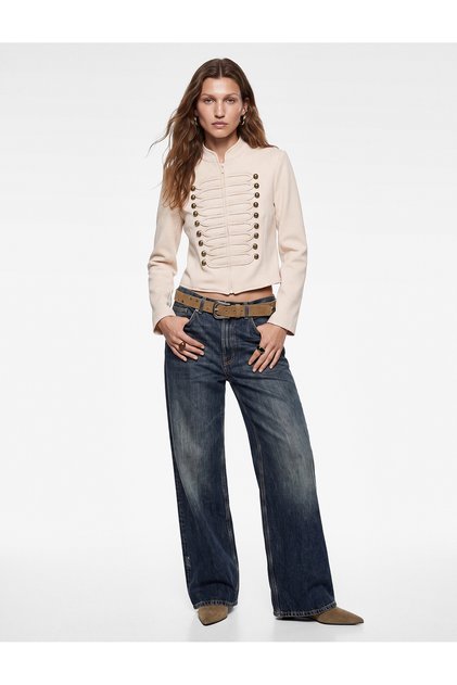 X Selected by Melis Ağazat - Stand Collar Long Sleeve Ornamented Buttoned Gabardine Crop Napoleon Jacket