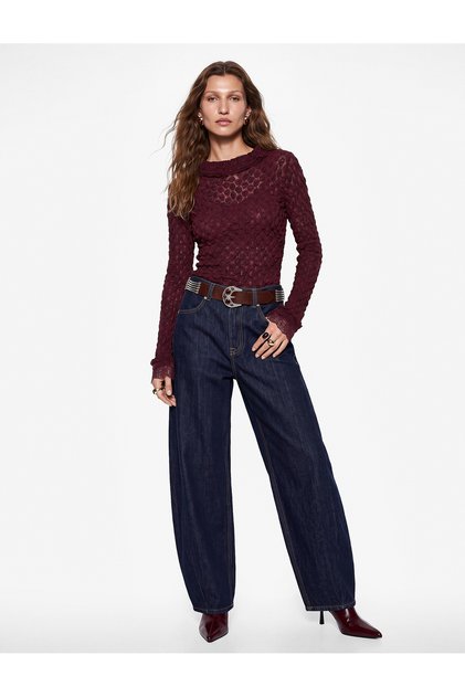 X Selected by Melis Ağazat - Lace High Neck Textured T-Shirt Slim Fit Long Sleeve