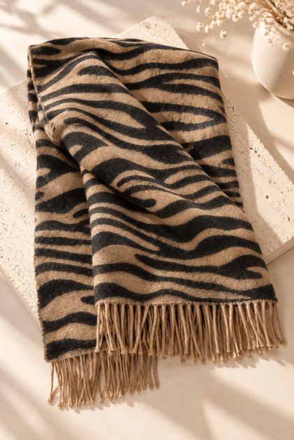Milan - Women's Taupe Color and Black Zebra-Print Tasseled Shawl 66x195 cm - Winter Shoulder Shawl