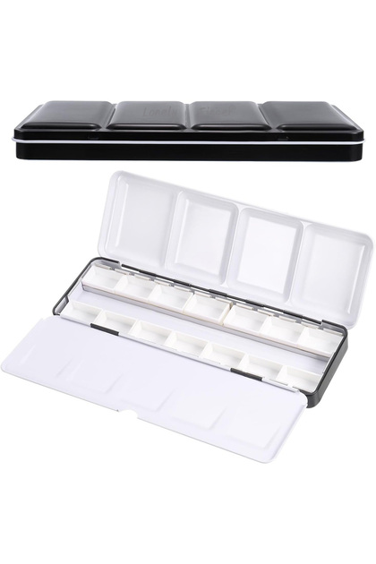 WHITE Empty Watercolor Palette, Metal Watercolor Tin with 14pcs Full Pans Paint Case with Lid Paint