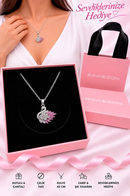 Gift Konspet Steel Pink White Stone Swan Necklace Gift Set | Gift for Lover, Gift for Woman, Necklace with Gift Box and Bag
