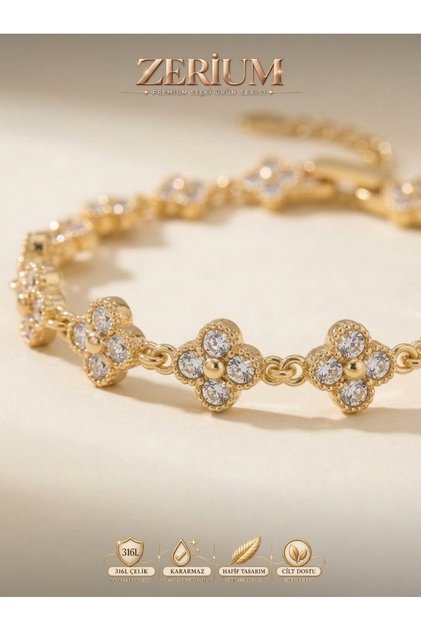 Women's Quality Steel Gold Color Bracelet with Row of Zircon Stones Clover Model