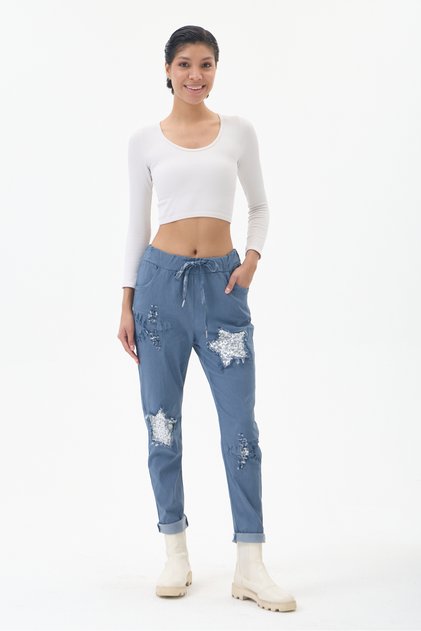 Women's Blue Italian Star D Patterned Sequined Elastic Waist Lace-Up L Stretch Fabric Pants 40 - 46 Size