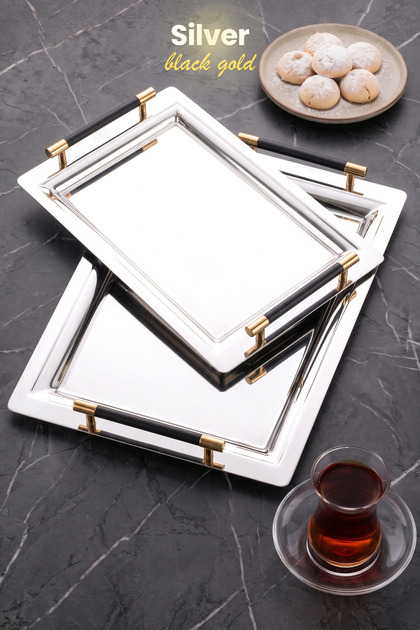 Mercan Silver Black 2-Piece Presentation and Tea Tray